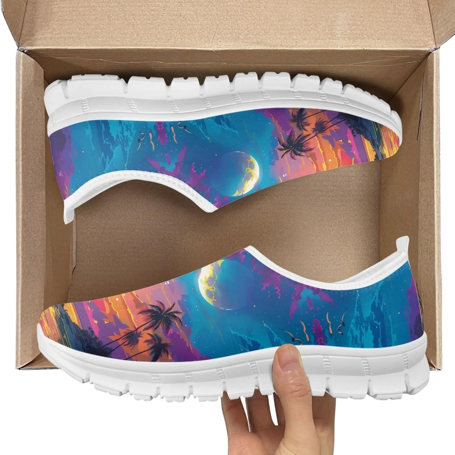 Stylish Print Women's Slip on Walking Shoes Low-Top Mesh Flat Sneaker Shoes Size 5-10.5