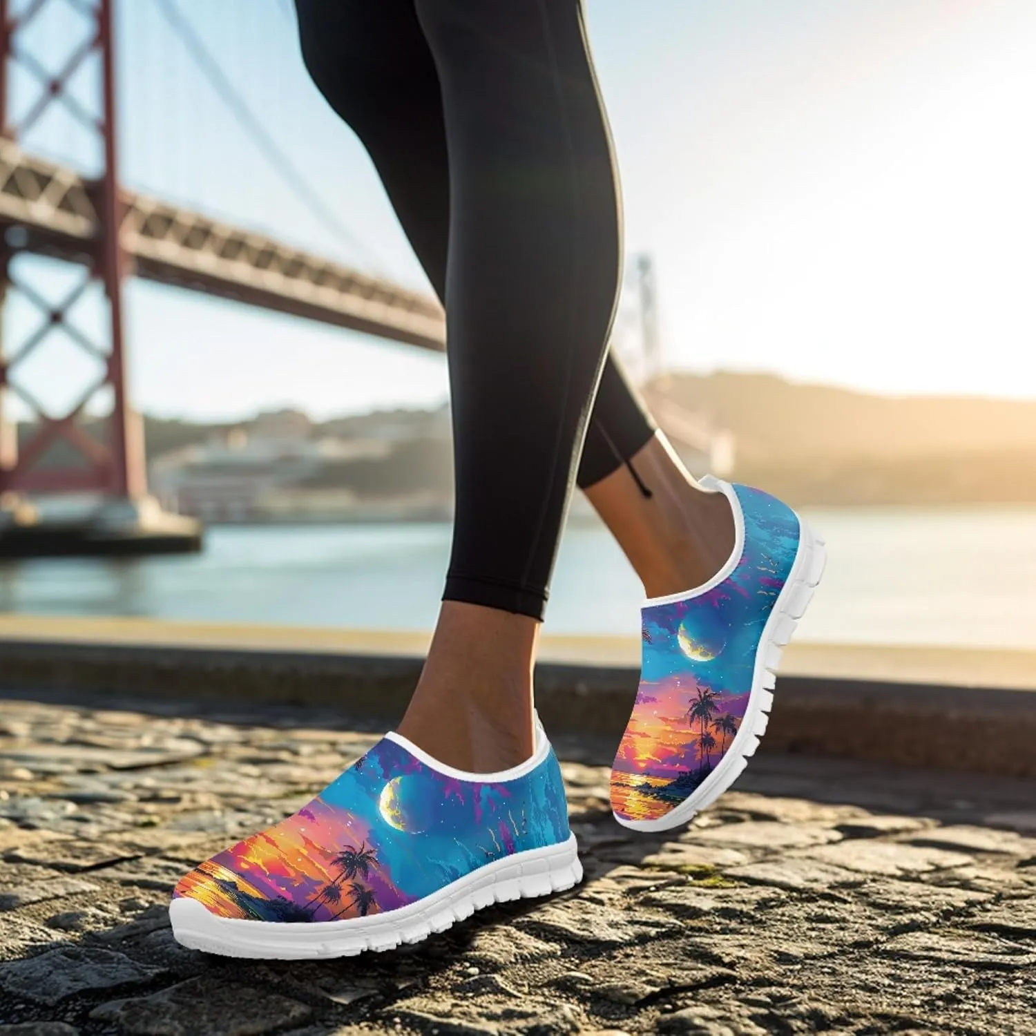 Stylish Print Women's Slip on Walking Shoes Low-Top Mesh Flat Sneaker Shoes Size 5-10.5