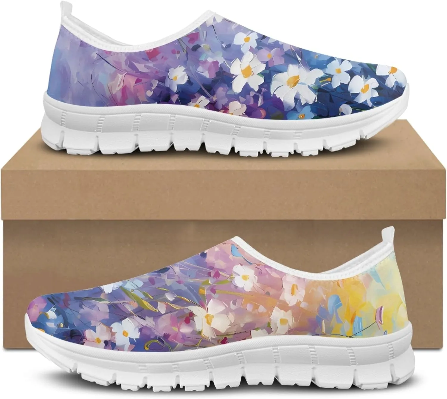 Stylish Print Women's Slip on Walking Shoes Low-Top Mesh Flat Sneaker Shoes Size 5-10.5