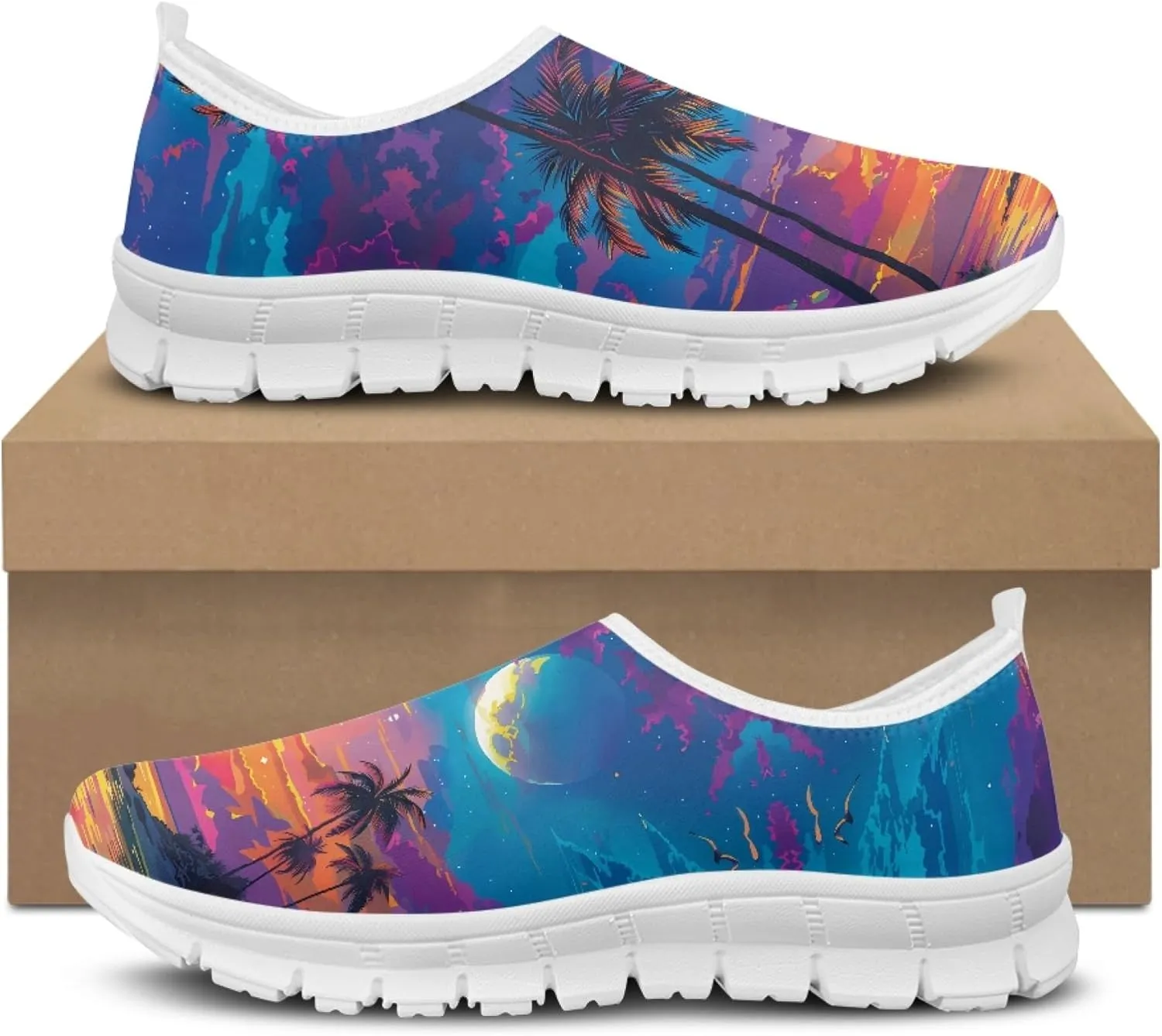Stylish Print Women's Slip on Walking Shoes Low-Top Mesh Flat Sneaker Shoes Size 5-10.5