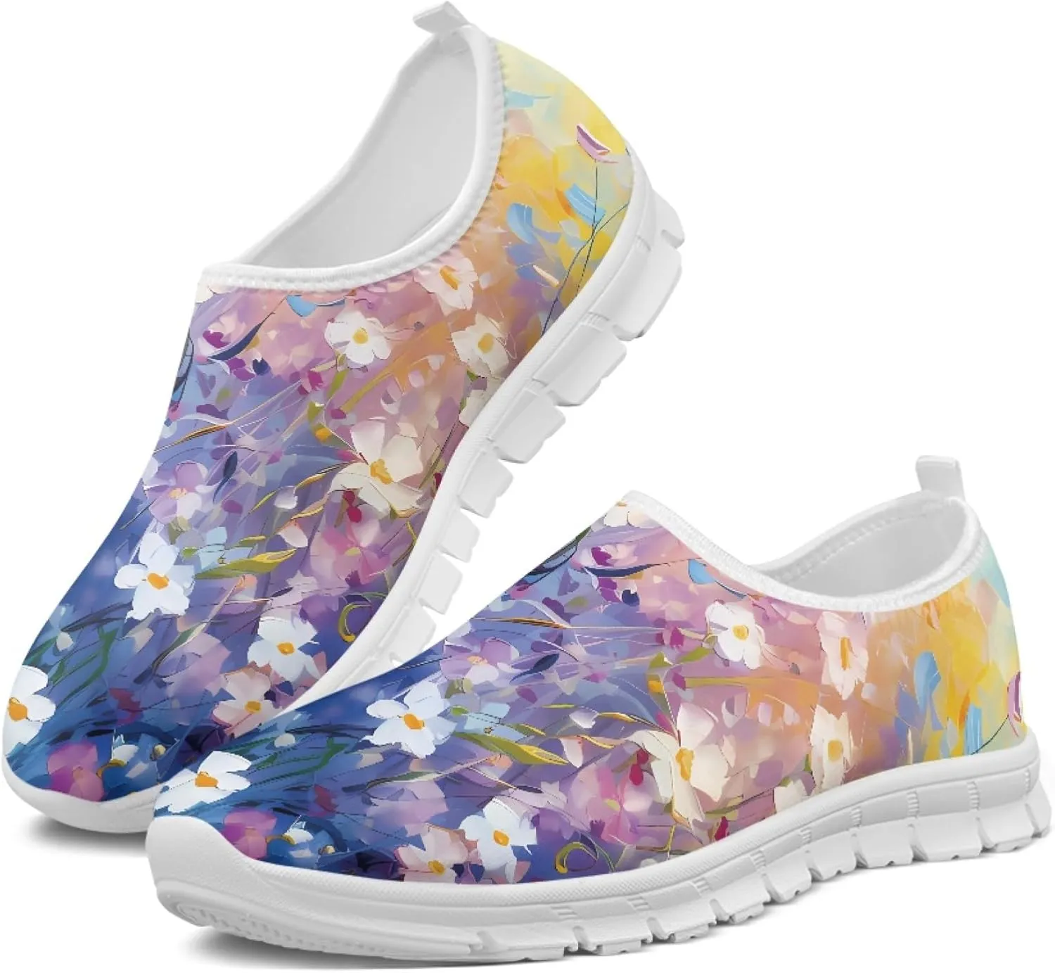 Stylish Print Women's Slip on Walking Shoes Low-Top Mesh Flat Sneaker Shoes Size 5-10.5