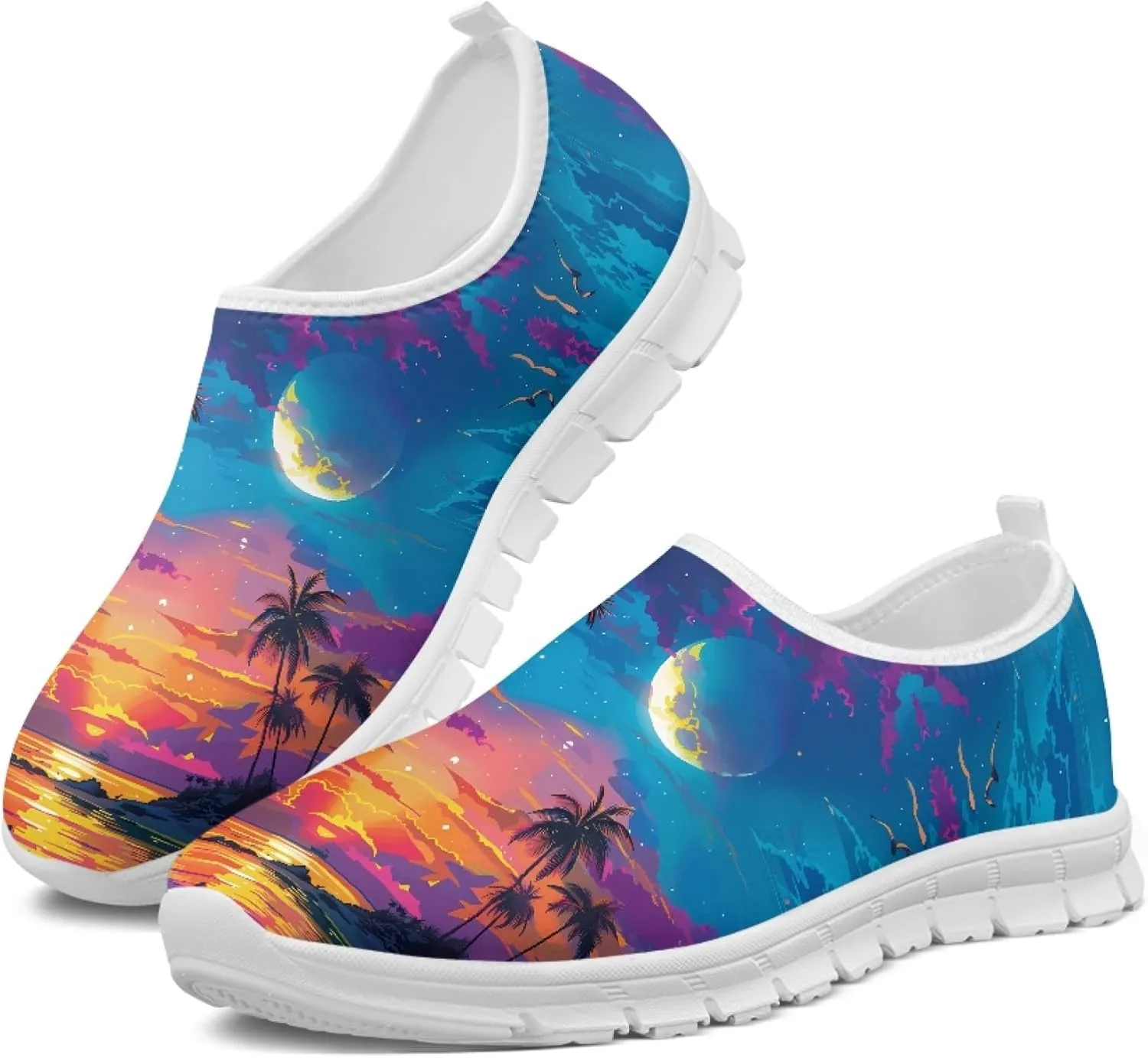 Stylish Print Women's Slip on Walking Shoes Low-Top Mesh Flat Sneaker Shoes Size 5-10.5