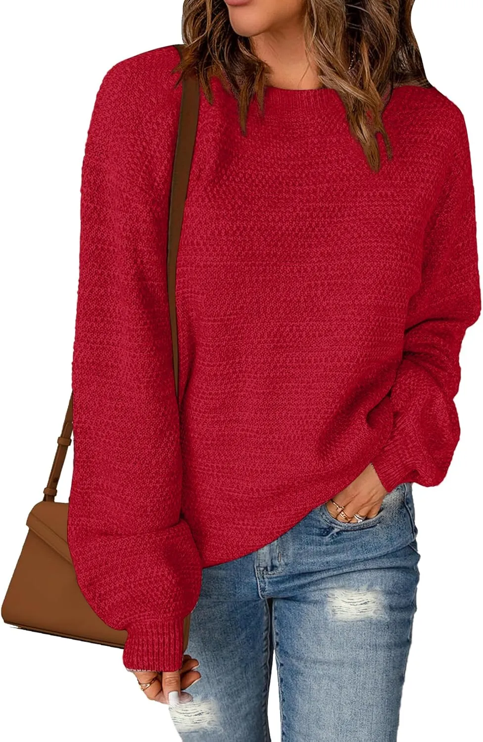 Sucolan Oversized Sweaters for Women Heathered Long Sleeve Crew Neck Pullover Knit Sweater Casual Fall Tops 2024 Fashion