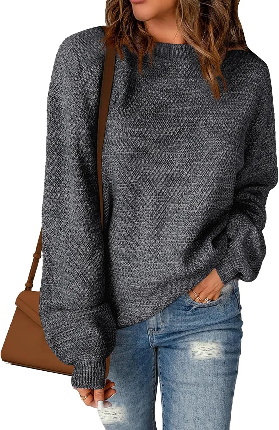 Sucolan Oversized Sweaters for Women Heathered Long Sleeve Crew Neck Pullover Knit Sweater Casual Fall Tops 2024 Fashion