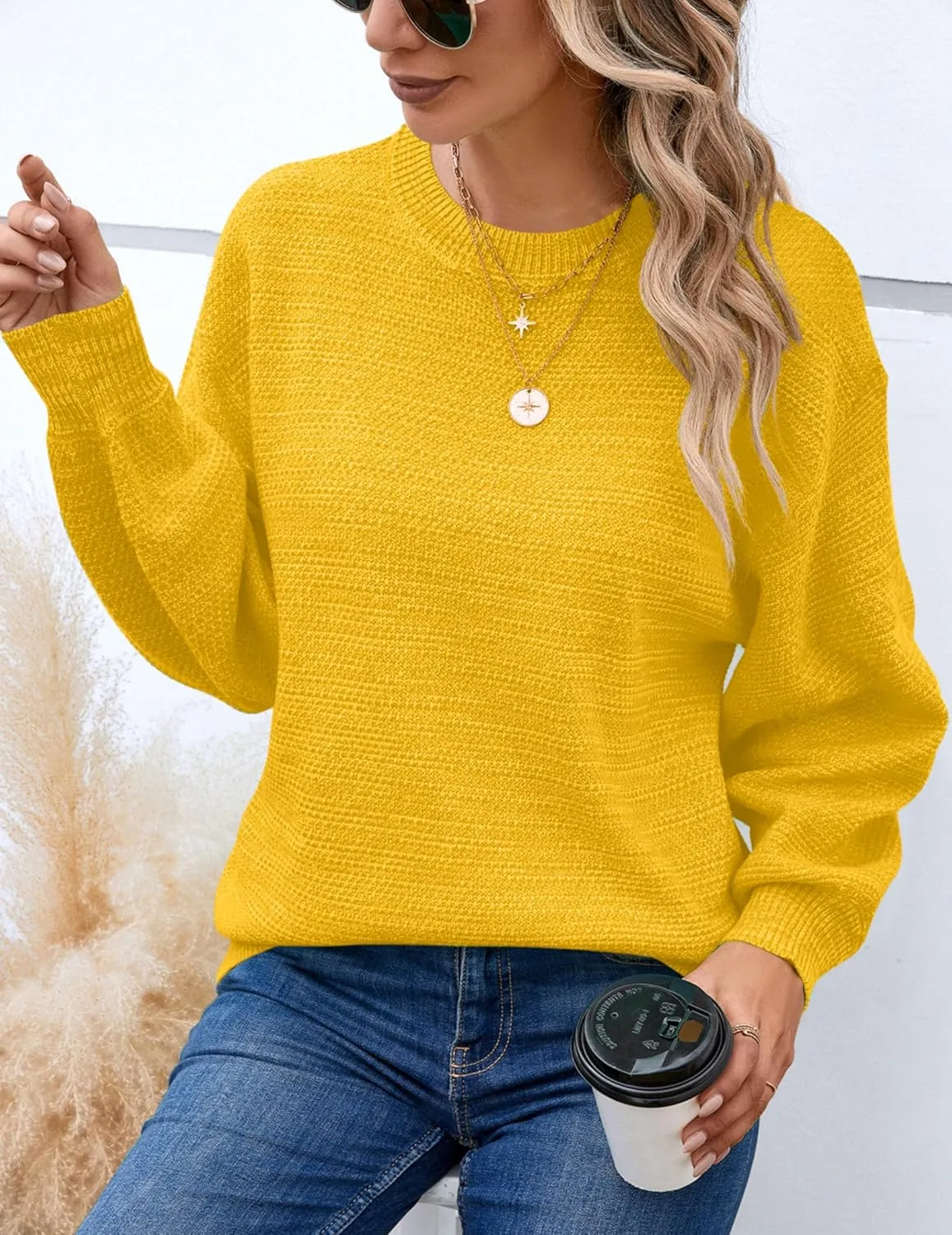 Sucolan Oversized Sweaters for Women Heathered Long Sleeve Crew Neck Pullover Knit Sweater Casual Fall Tops 2024 Fashion
