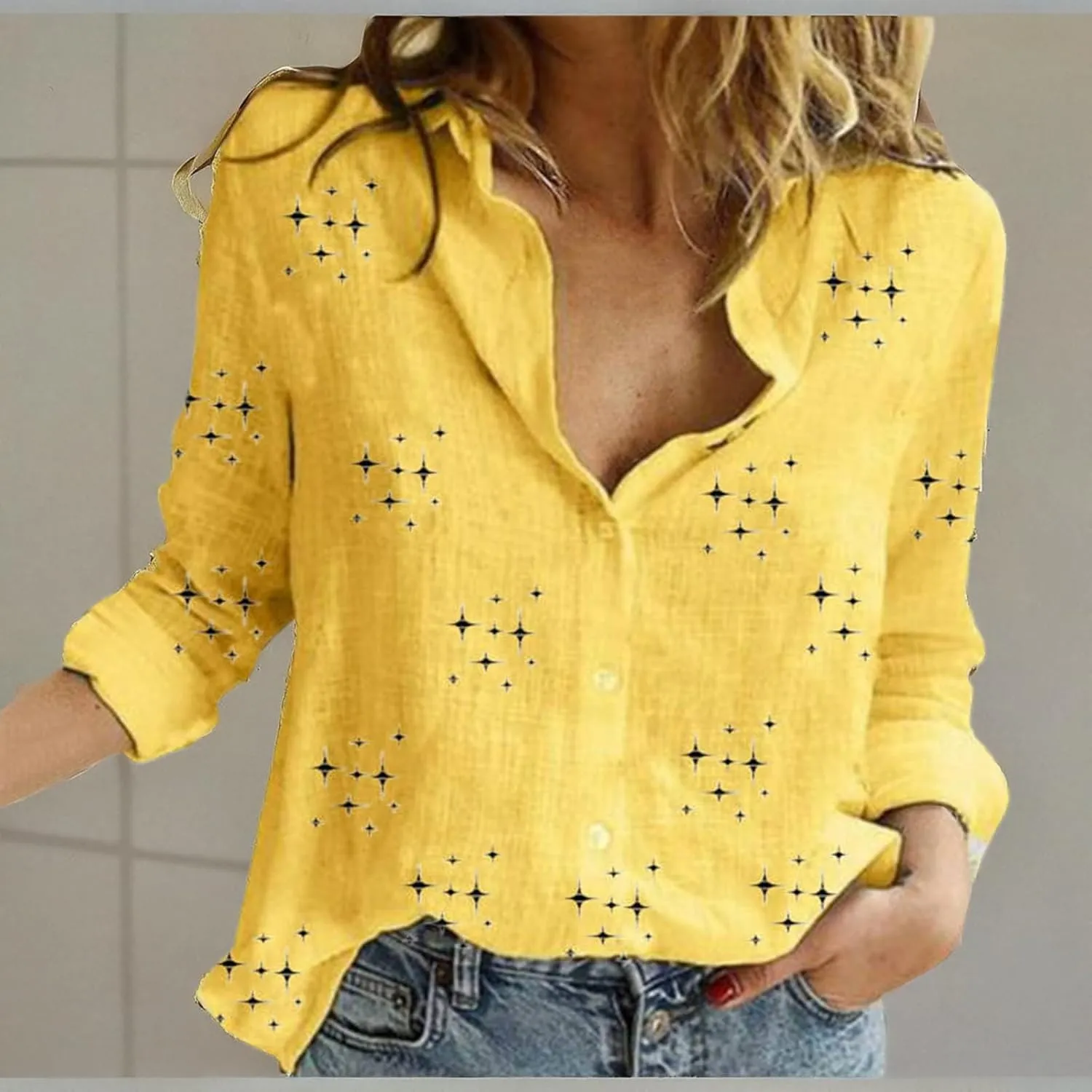 Summer Tops for Women 2023 Casual Long Sleeve Linen Button Down Shirts Plus Size Collared Business Casual Work Blouses