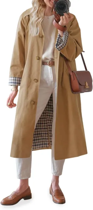 Tankaneo Womens Long Trench Coat Single Breasted Oversized Windproof Overcoat Fashion Outerwear