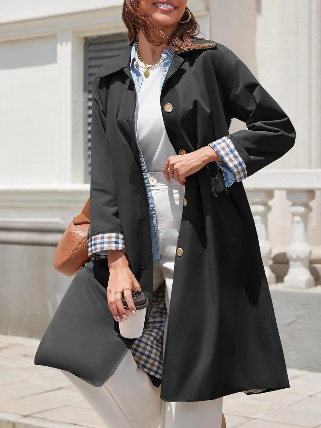 Tankaneo Womens Long Trench Coat Single Breasted Oversized Windproof Overcoat Fashion Outerwear