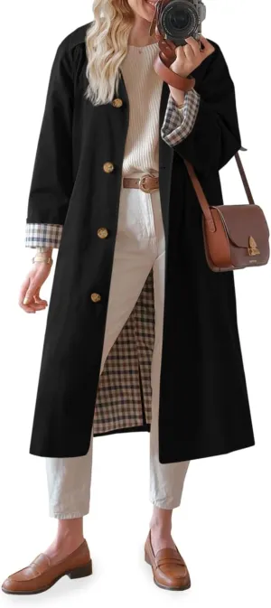 Tankaneo Womens Long Trench Coat Single Breasted Oversized Windproof Overcoat Fashion Outerwear