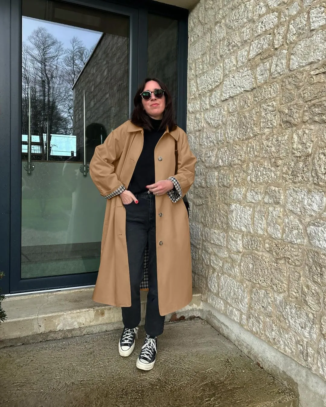 Tankaneo Womens Long Trench Coat Single Breasted Oversized Windproof Overcoat Fashion Outerwear