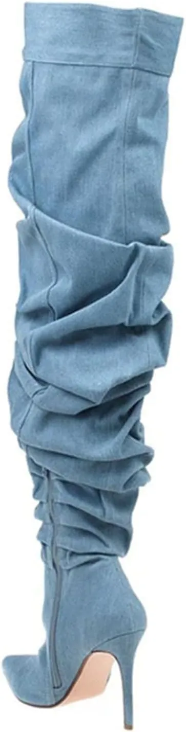 THESHY Women's Slouchy Over The Knee Boots Denim Pointed Toe Stiletto Heel Thigh High Boots Pleated Tall Fashion Sexy Bootie