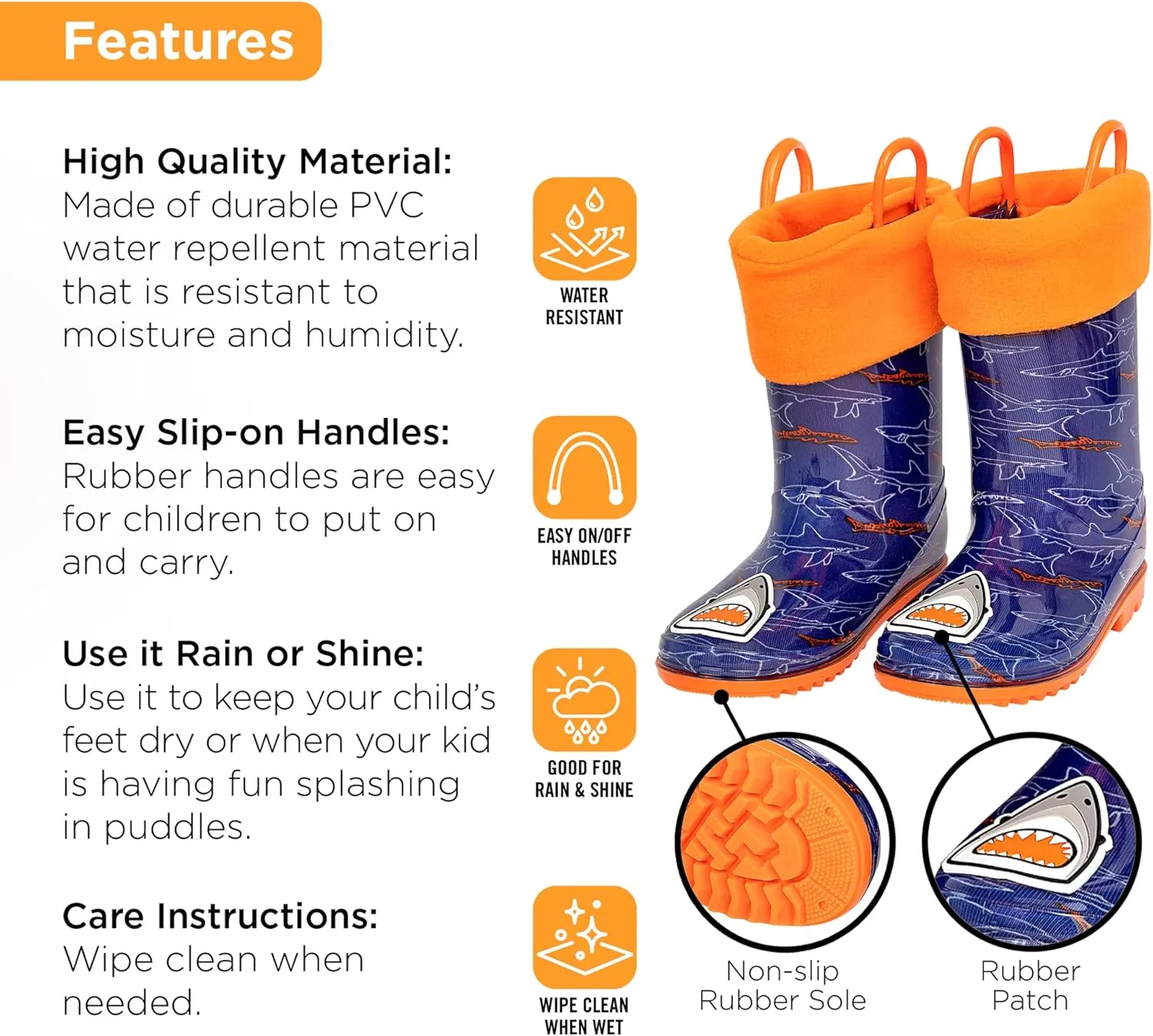 Toddler Rain Boots, Kids Rain Boots Waterproof Rubber Boots for Girls and Boys with Sock, Fun Patterns, Easy-On Handles 8-12