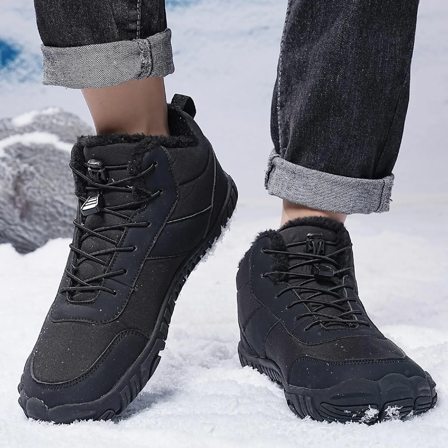 Tongzone Men's Wide Toe Box Barefoot Shoes Fur Lined Minimalist Zero Drop Sole Walking shoes Winter