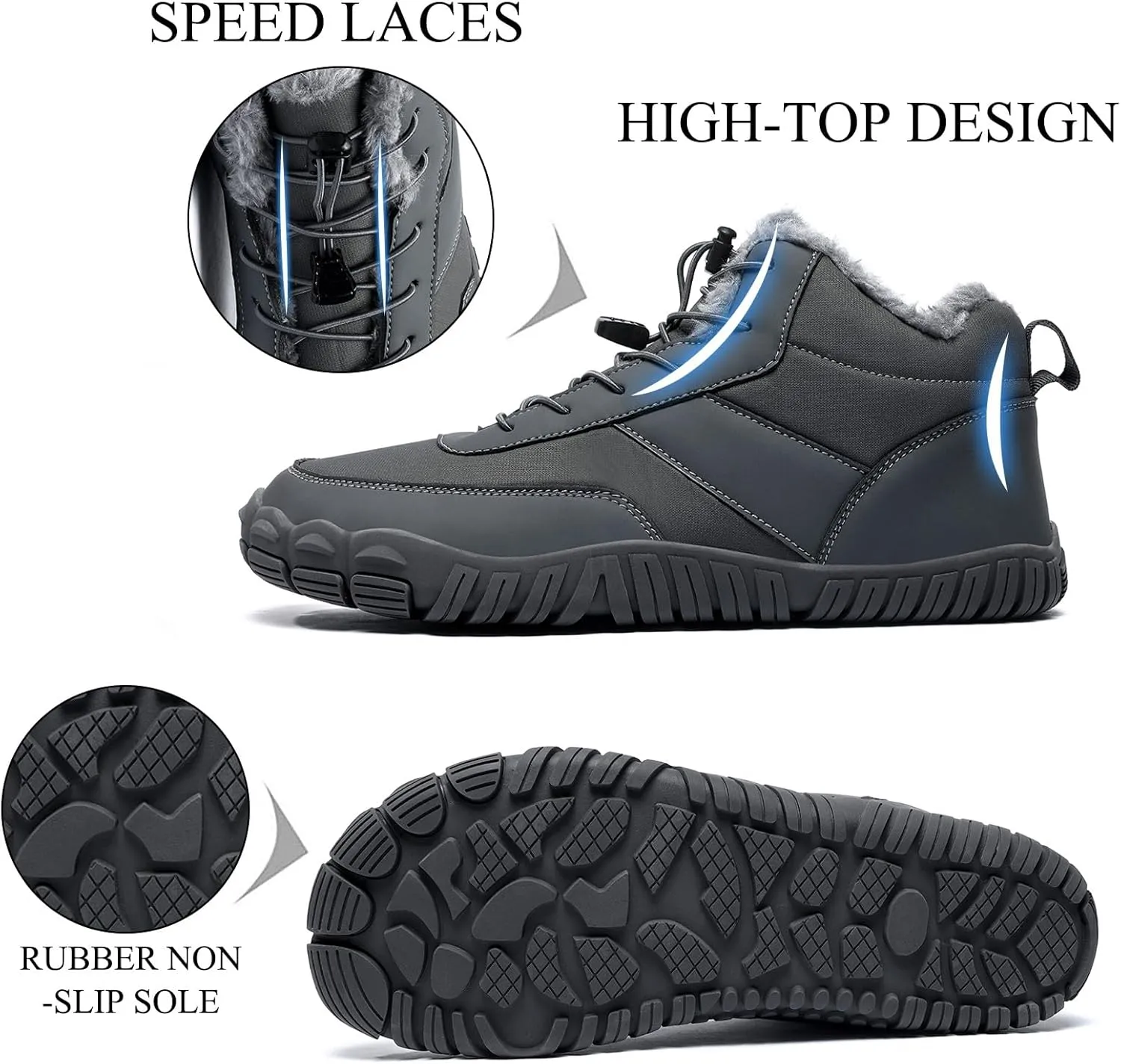 Tongzone Men's Wide Toe Box Barefoot Shoes Fur Lined Minimalist Zero Drop Sole Walking shoes Winter