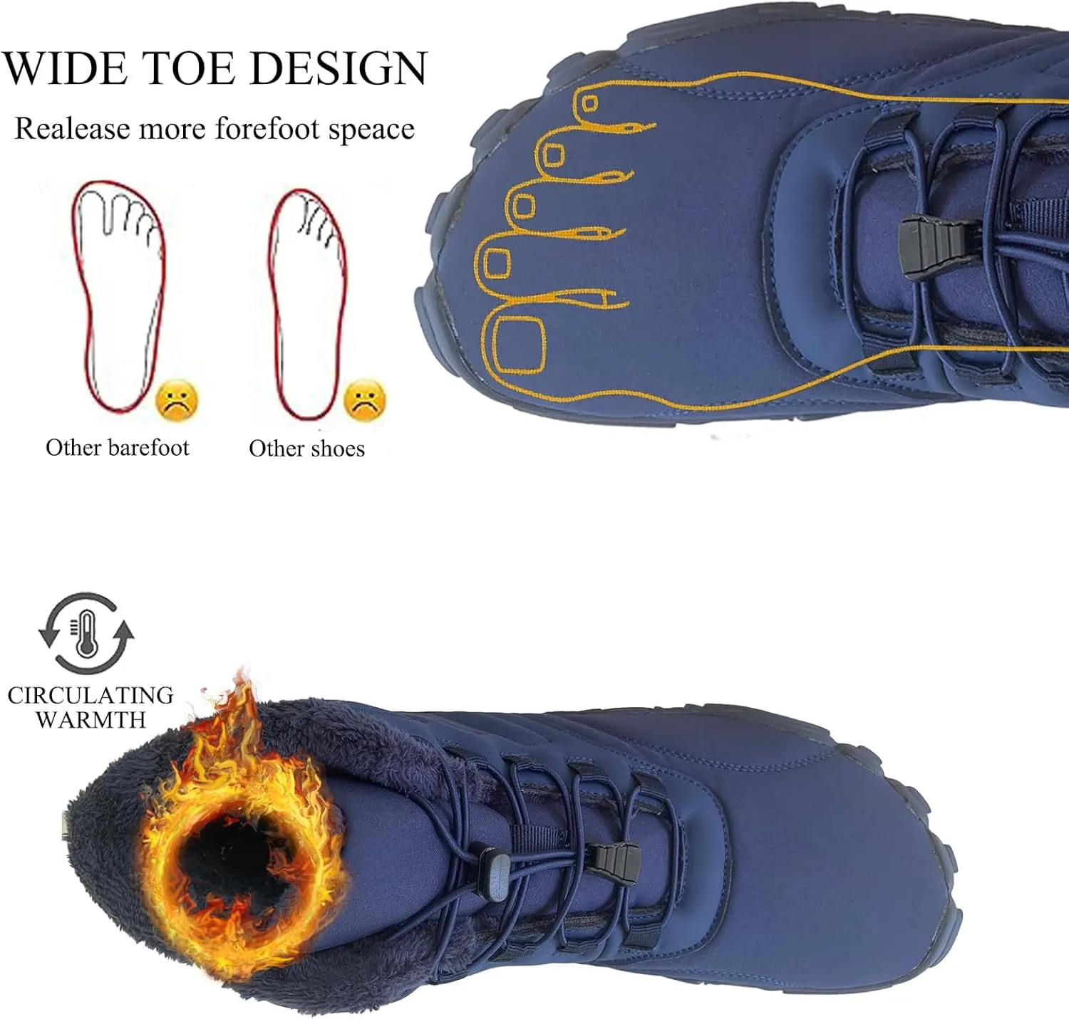 Tongzone Men's Wide Toe Box Barefoot Shoes Fur Lined Minimalist Zero Drop Sole Walking shoes Winter