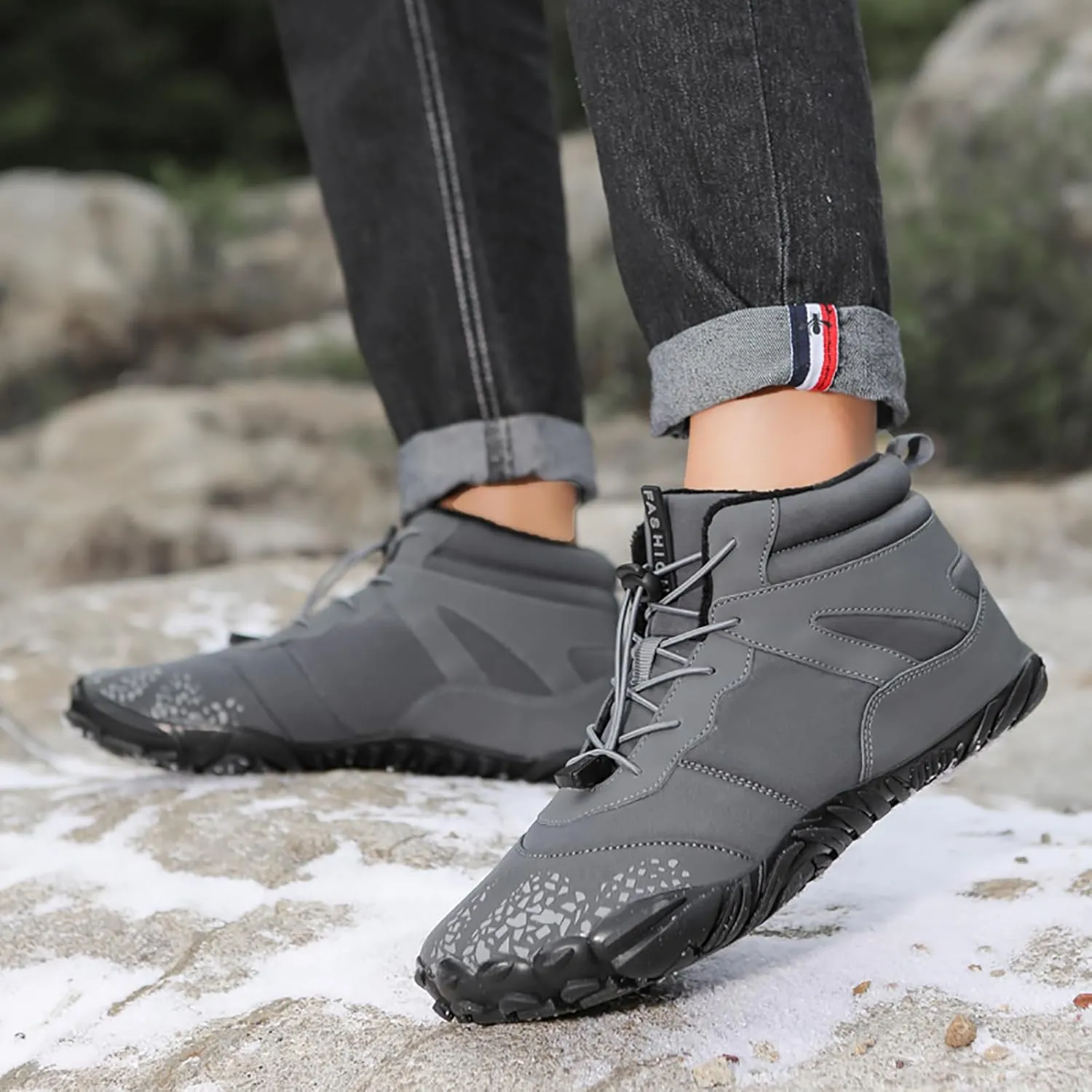 Tongzone Wide Toe Box Men's Women's Barefoot Shoes Fur Lined Zero Drop Sole High top Walking shoes Winter