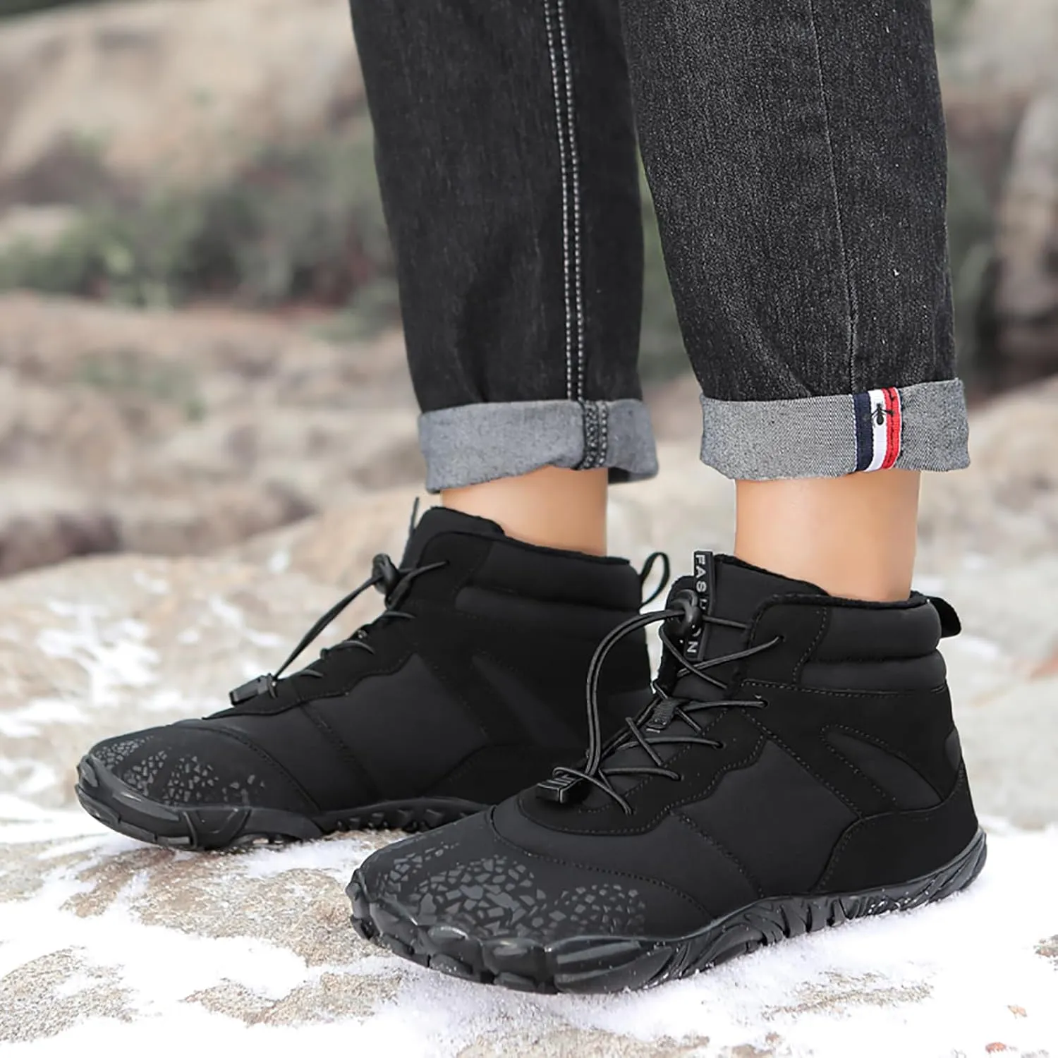 Tongzone Wide Toe Box Men's Women's Barefoot Shoes Fur Lined Zero Drop Sole High top Walking shoes Winter