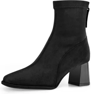 Trakxy Women's Square Toe Ankle Boots Faux Suede Low Block Heel Chelsea Boots Women Shoes