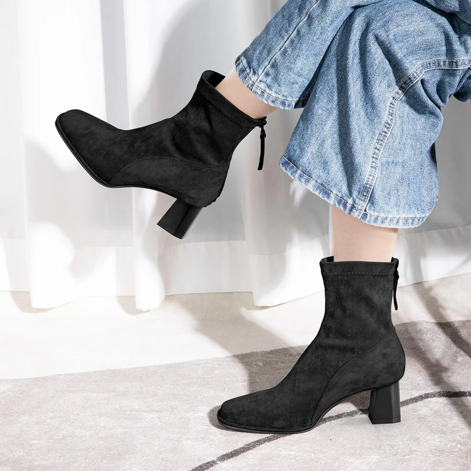Trakxy Women's Square Toe Ankle Boots Faux Suede Low Block Heel Chelsea Boots Women Shoes