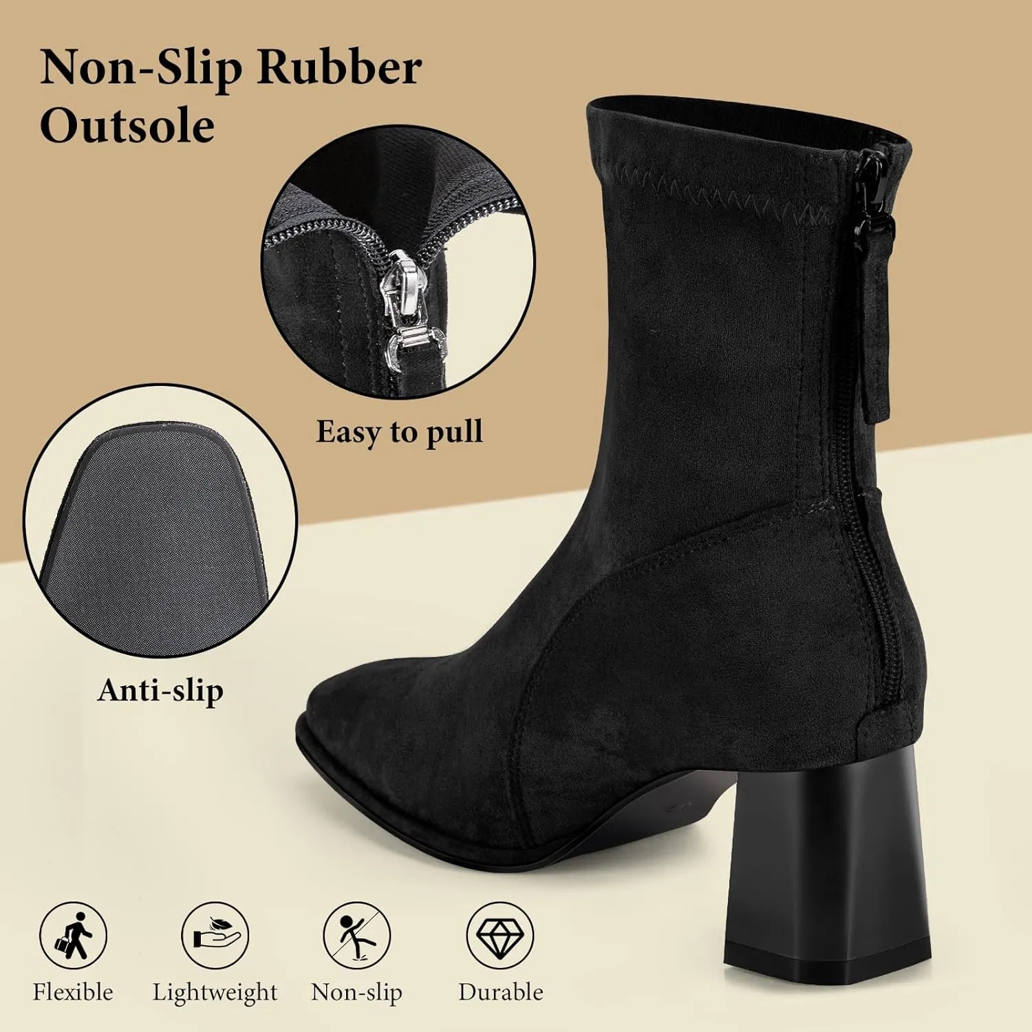 Trakxy Women's Square Toe Ankle Boots Faux Suede Low Block Heel Chelsea Boots Women Shoes