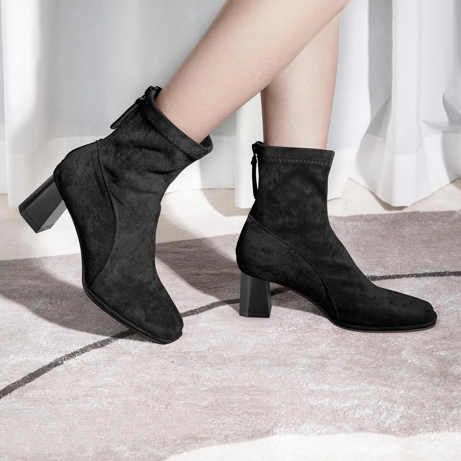 Trakxy Women's Square Toe Ankle Boots Faux Suede Low Block Heel Chelsea Boots Women Shoes