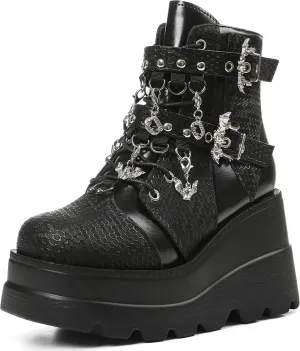 Tscoyuki Goth Platform Ankle Boots for Women - Bat Buckle Straps Rave Boots Zip Round Toe Combat Boots Womens Chunky Wedges High Heels Moto Booties