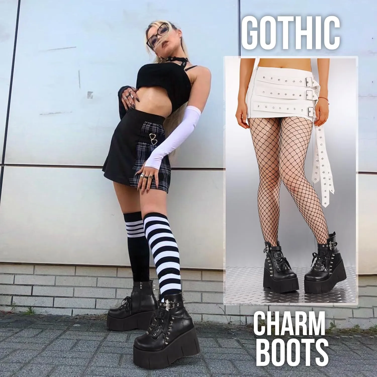 Tscoyuki Studs Platform Boots for Women Goth Rave Boots Round Toe Chunky Wedge Heel Combat Ankle Boot w/Side Zip Buckle Booties for Concert