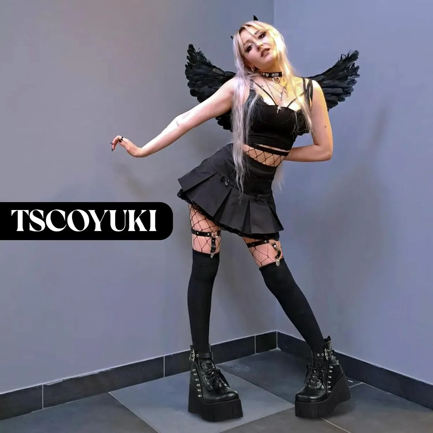 Tscoyuki Studs Platform Boots for Women Goth Rave Boots Round Toe Chunky Wedge Heel Combat Ankle Boot w/Side Zip Buckle Booties for Concert