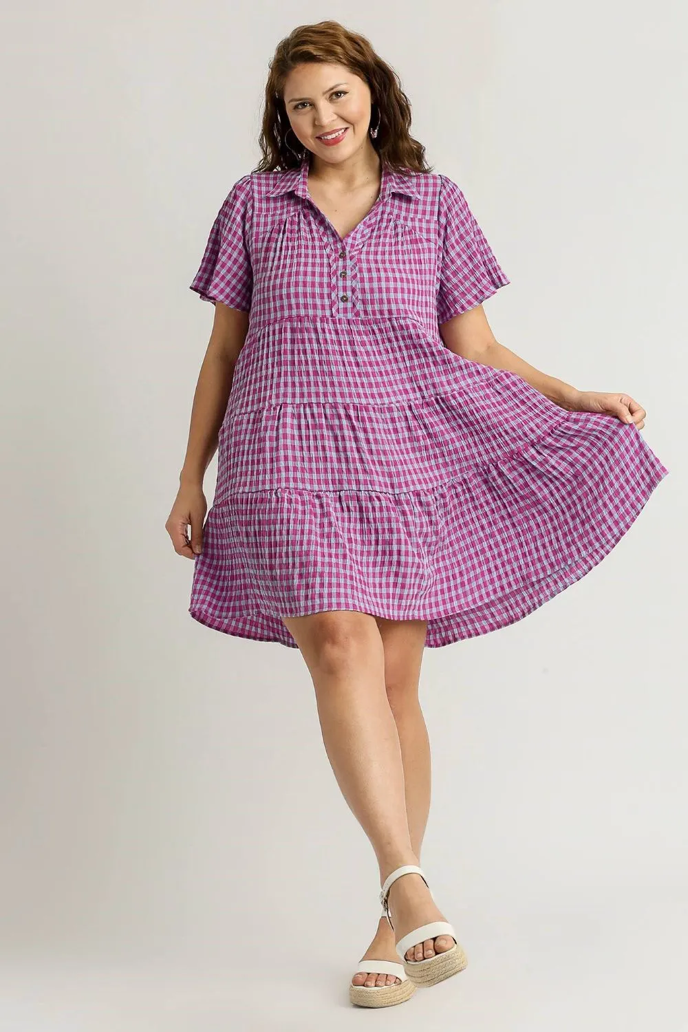 Umgee Gingham Tiered Button Detail Short Sleeve Dress