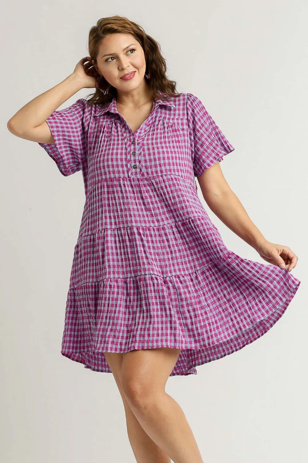 Umgee Gingham Tiered Button Detail Short Sleeve Dress