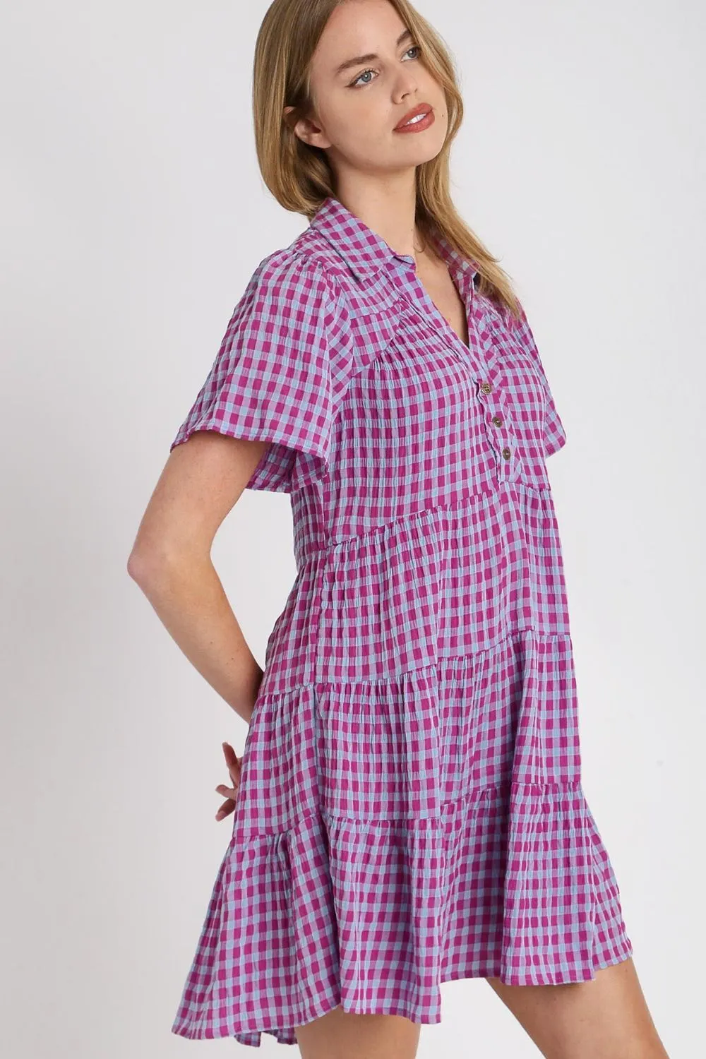 Umgee Gingham Tiered Button Detail Short Sleeve Dress
