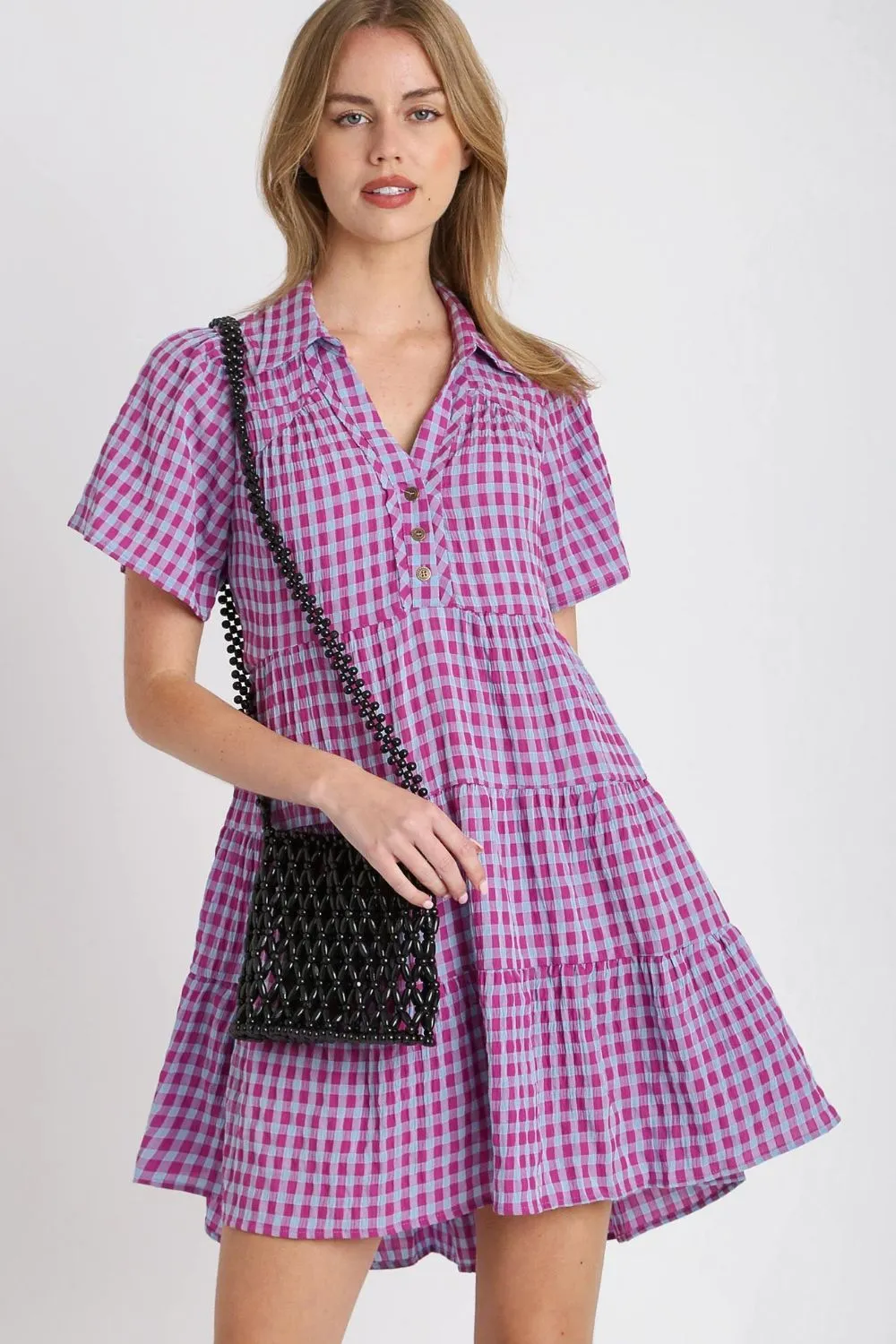 Umgee Gingham Tiered Button Detail Short Sleeve Dress