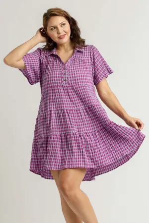 Umgee Gingham Tiered Button Detail Short Sleeve Dress