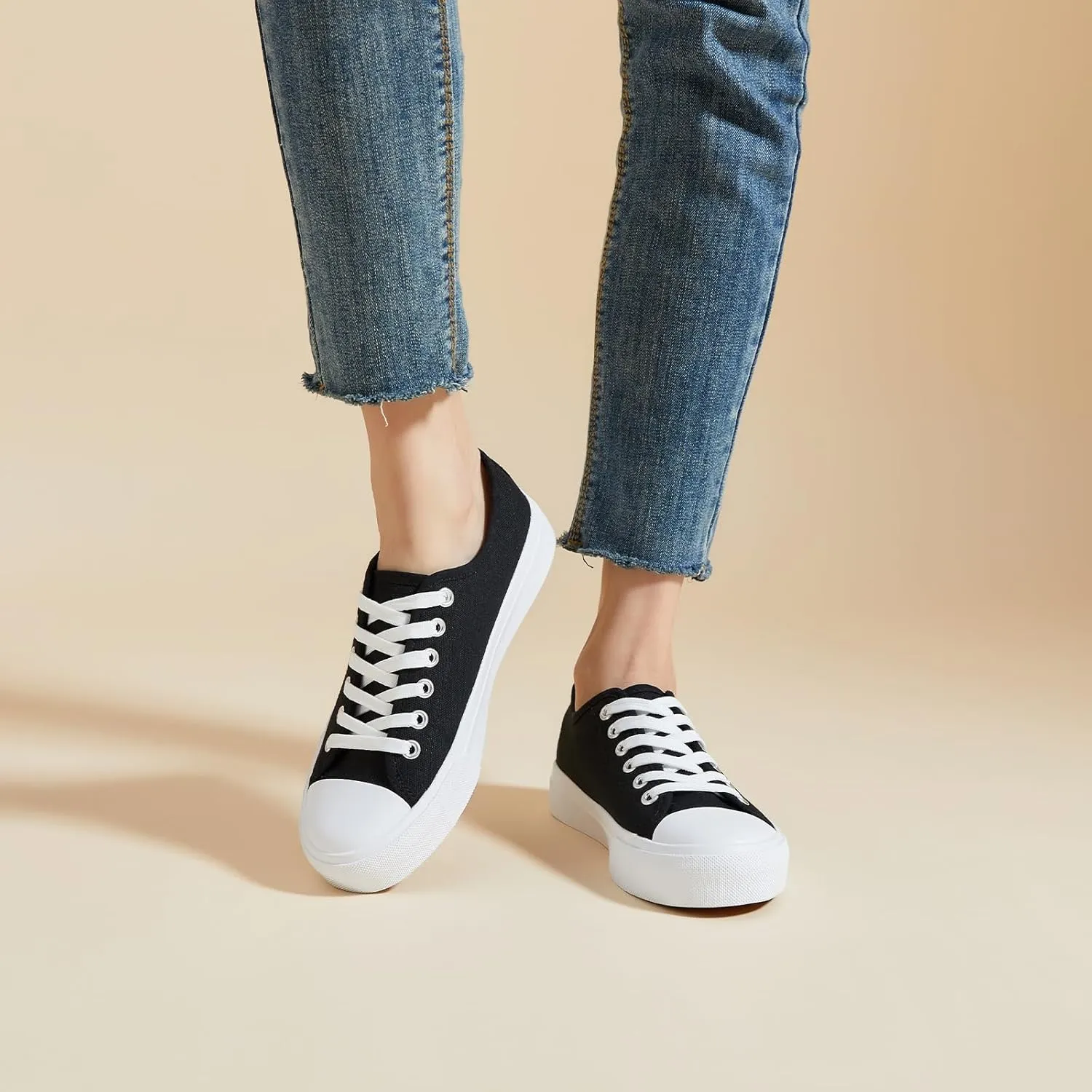 Uoidru White Tennis Canvas Shoes for Women Black Canvas Sneakers Womens Fashion Sneakers Classic Lace Up Walking Shoes