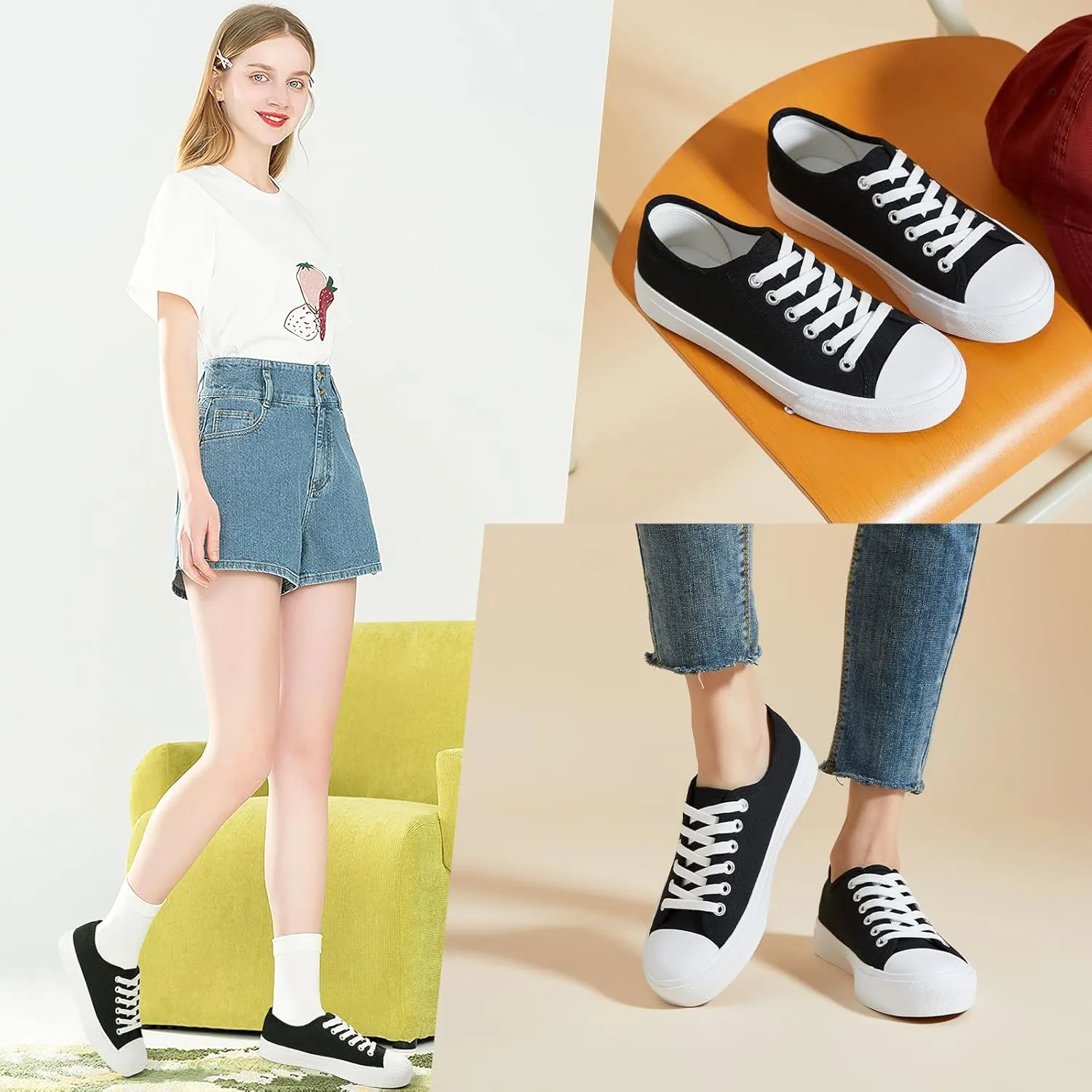 Uoidru White Tennis Canvas Shoes for Women Black Canvas Sneakers Womens Fashion Sneakers Classic Lace Up Walking Shoes