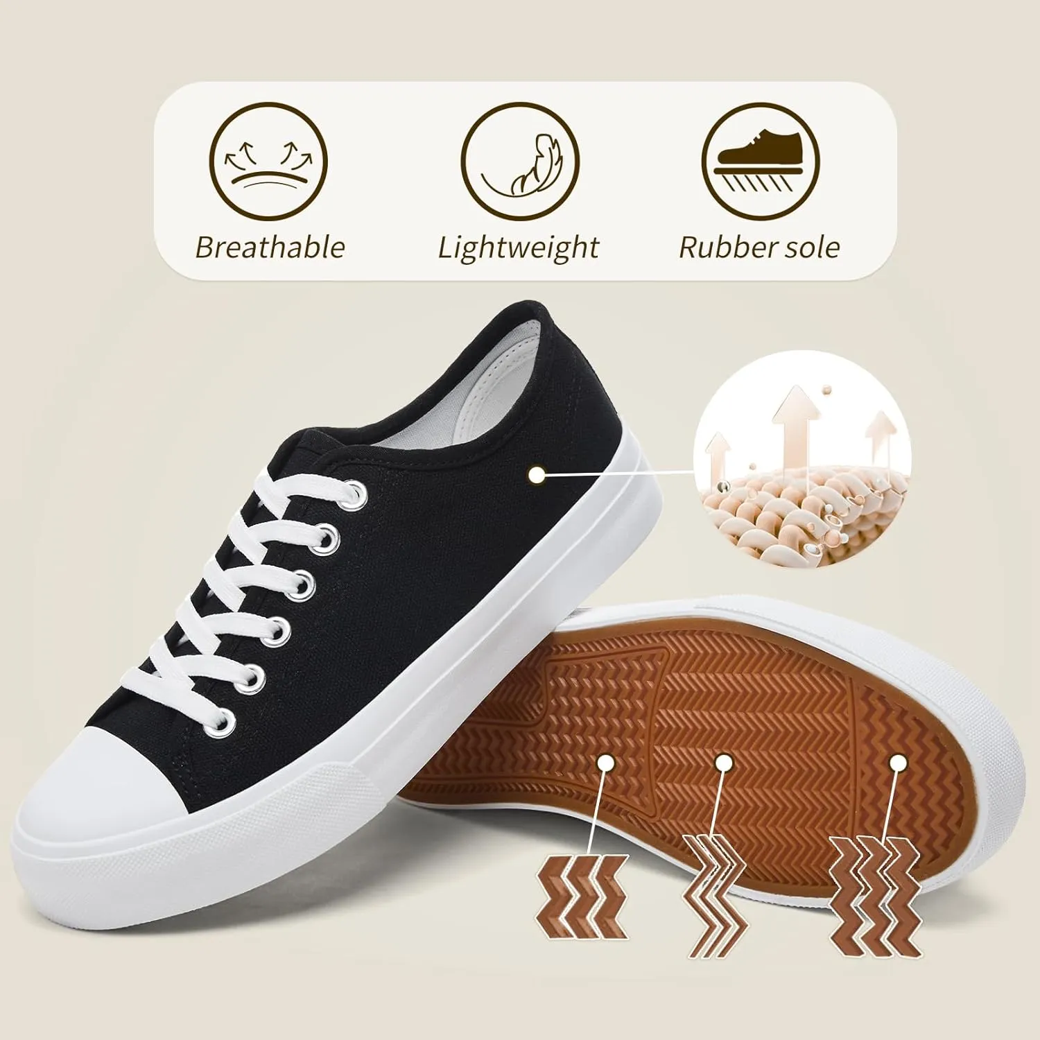 Uoidru White Tennis Canvas Shoes for Women Black Canvas Sneakers Womens Fashion Sneakers Classic Lace Up Walking Shoes