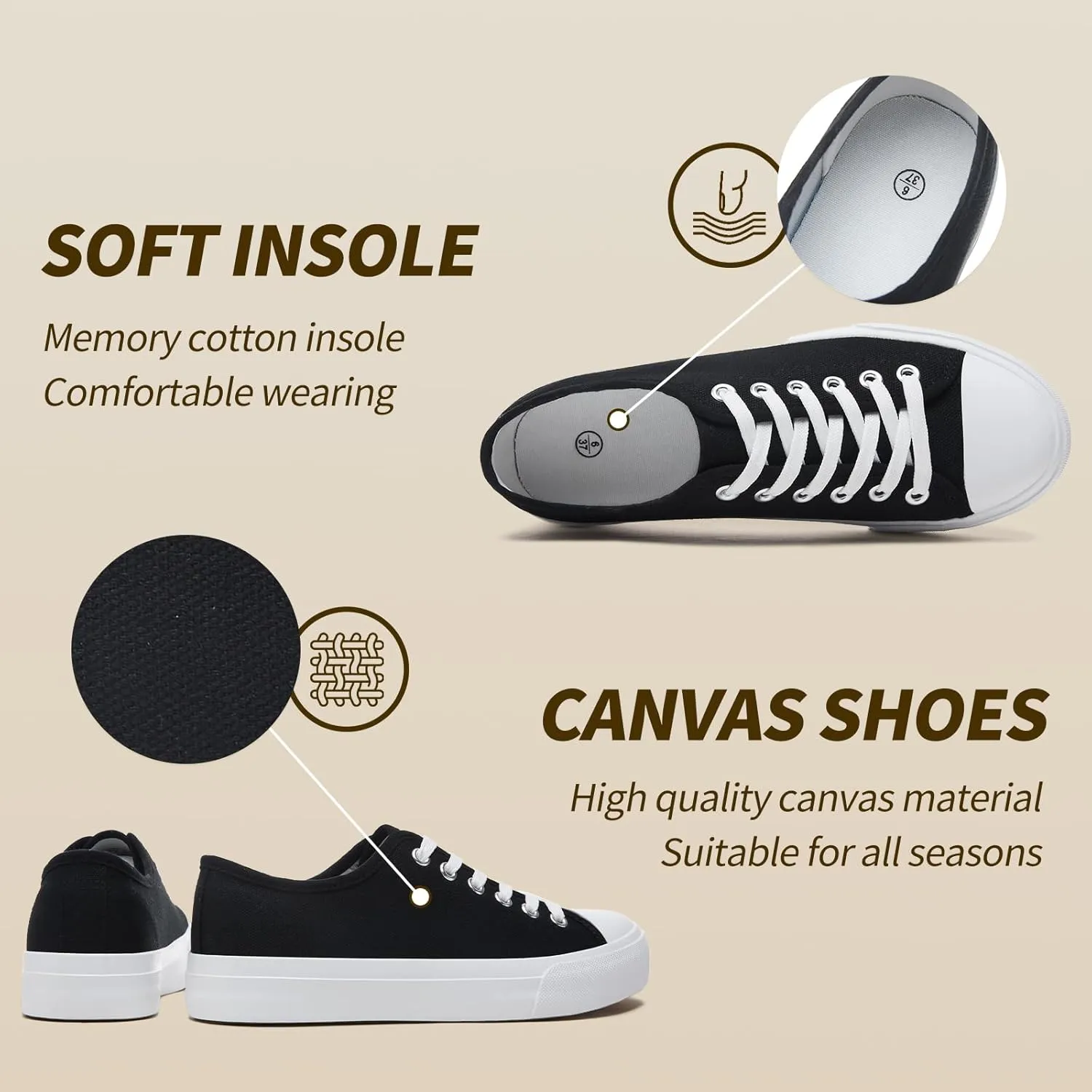 Uoidru White Tennis Canvas Shoes for Women Black Canvas Sneakers Womens Fashion Sneakers Classic Lace Up Walking Shoes
