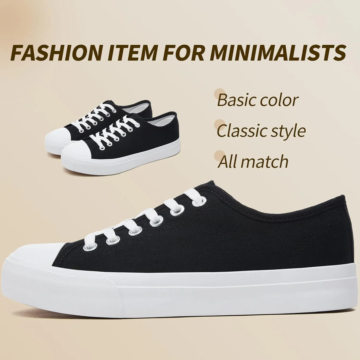 Uoidru White Tennis Canvas Shoes for Women Black Canvas Sneakers Womens Fashion Sneakers Classic Lace Up Walking Shoes