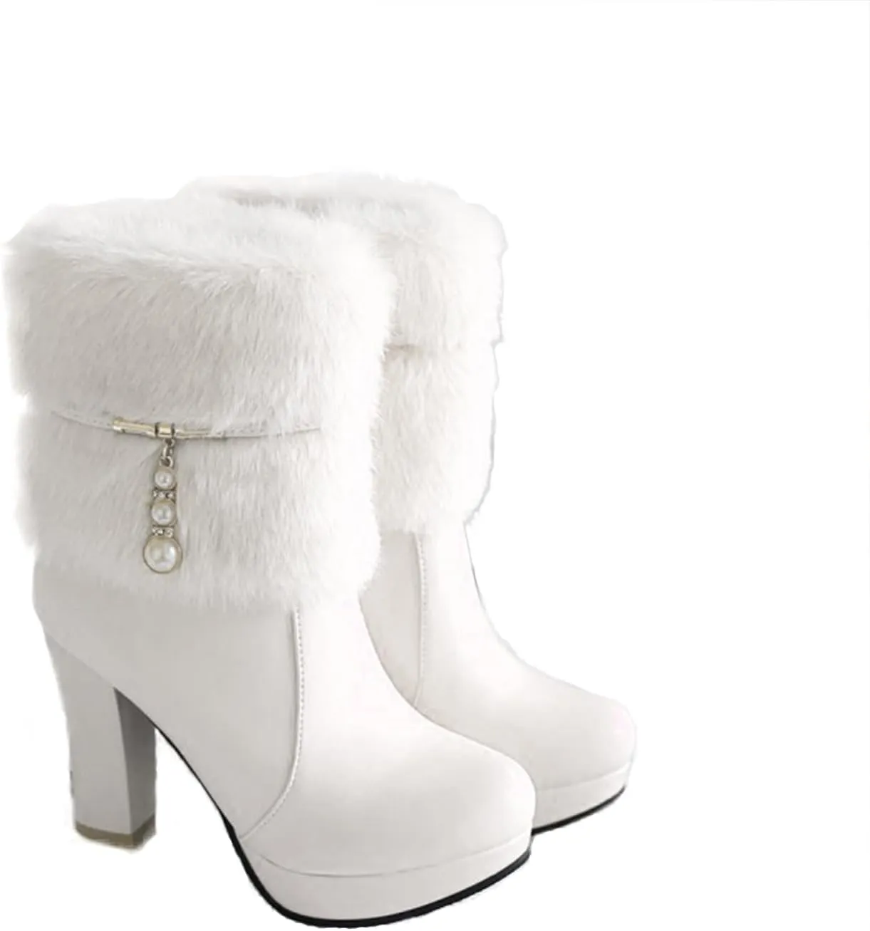 UTIKLIOU Women's Ankle Boots Platform Boots Side Zip Chunky Heel Booties with Fur Round Toe Leather Winter Boots for Women