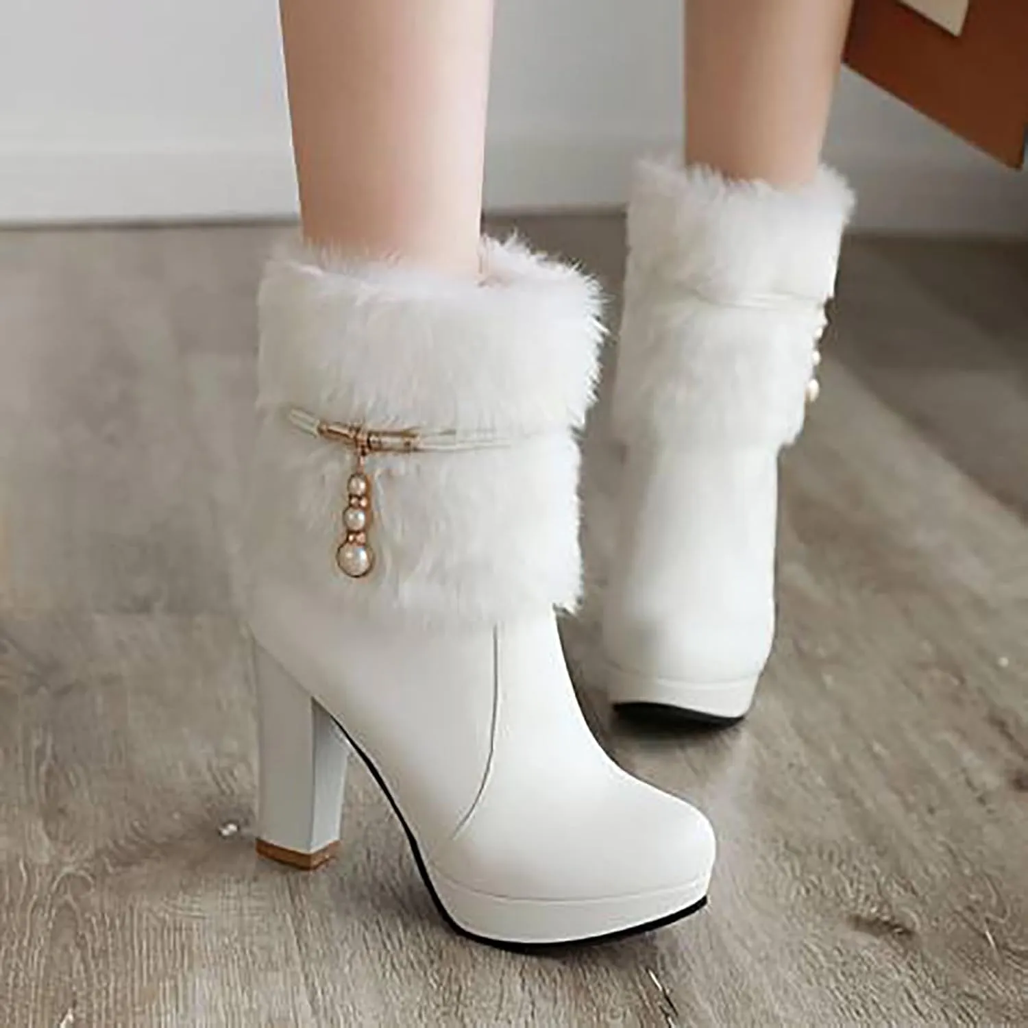 UTIKLIOU Women's Ankle Boots Platform Boots Side Zip Chunky Heel Booties with Fur Round Toe Leather Winter Boots for Women