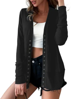 VERABENDI Women Long Sleeve Snaps Button Down V Neck Cute Knit Sweater Cardigan
