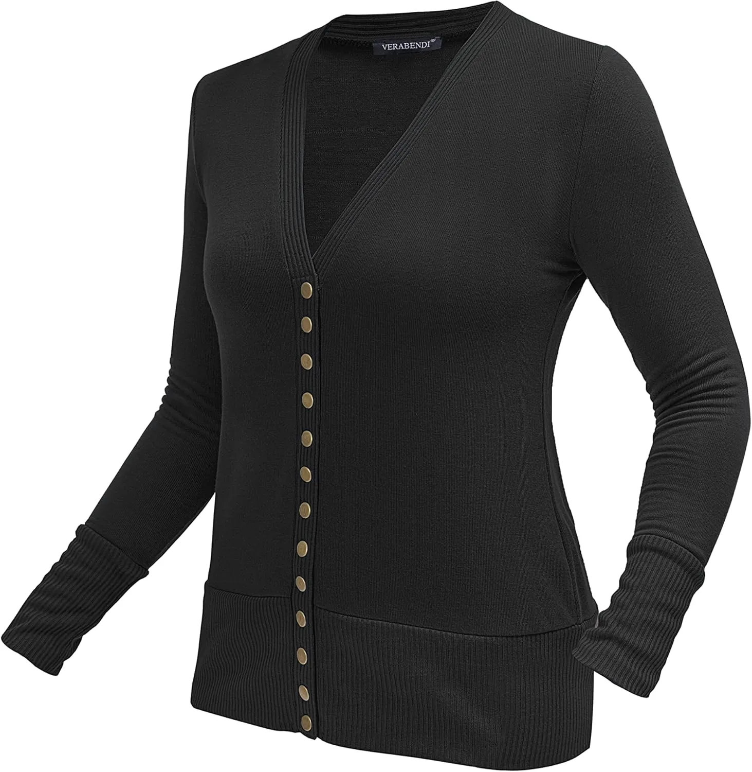 VERABENDI Women Long Sleeve Snaps Button Down V Neck Cute Knit Sweater Cardigan