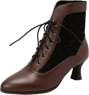 Victorian Ankle Boots for Women,Women's Ankle Boots Mid Calf Boots Gothic Kitten Heel Lace Up Mesh Vintage Pointed Toe Knight Boots Witch Boots for Women Wedding Bridal Shoes