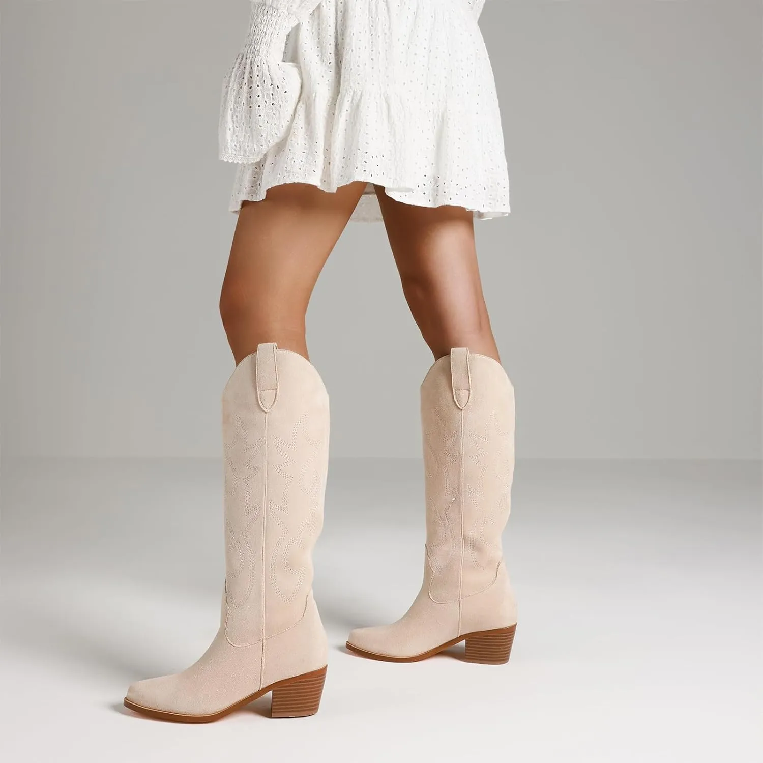 VIMISAOI Cowboy Boots for Women - Knee High, Pointed Toe, Wide Calf Western White Cowgirl Tall Boots