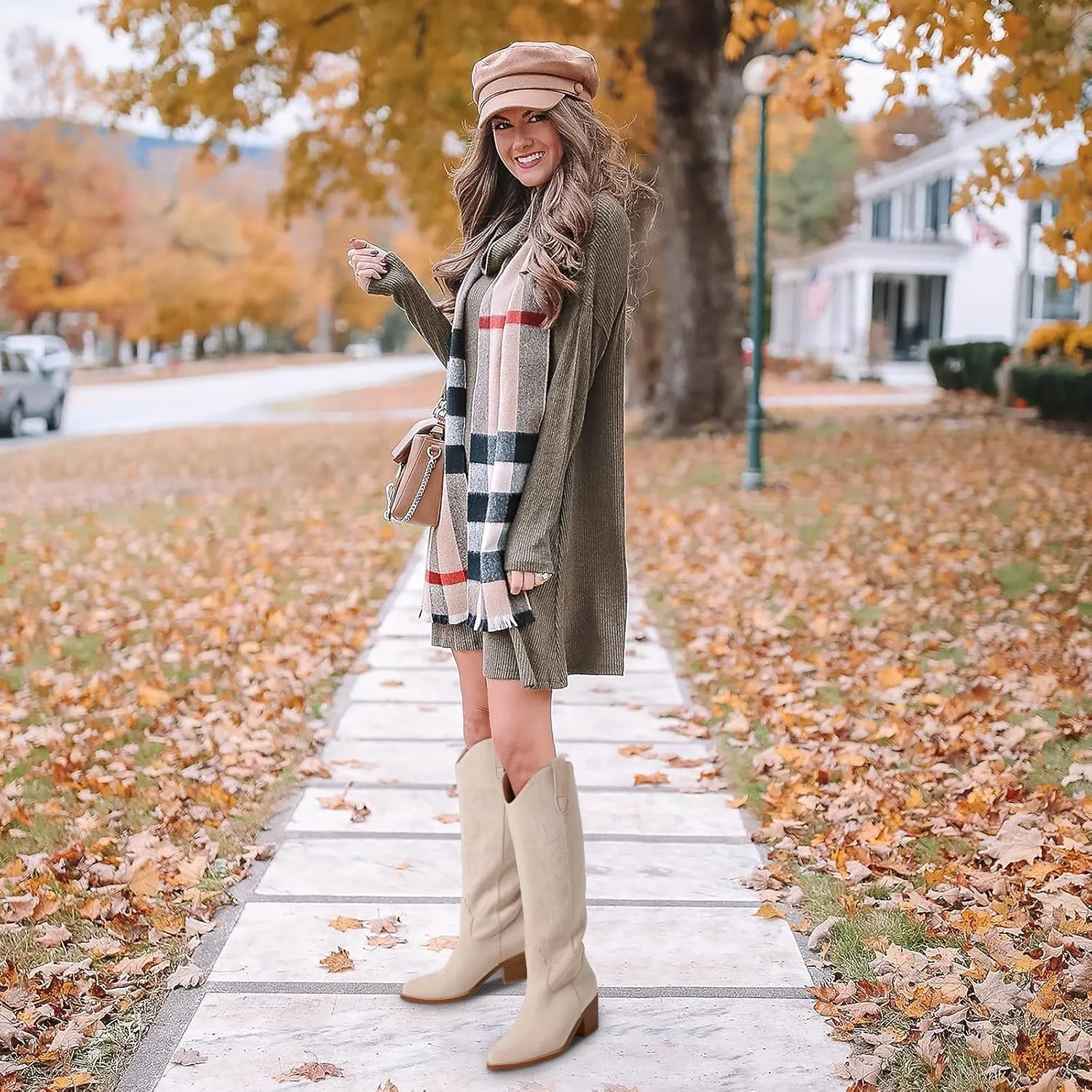 VIMISAOI Cowboy Boots for Women - Knee High, Pointed Toe, Wide Calf Western White Cowgirl Tall Boots