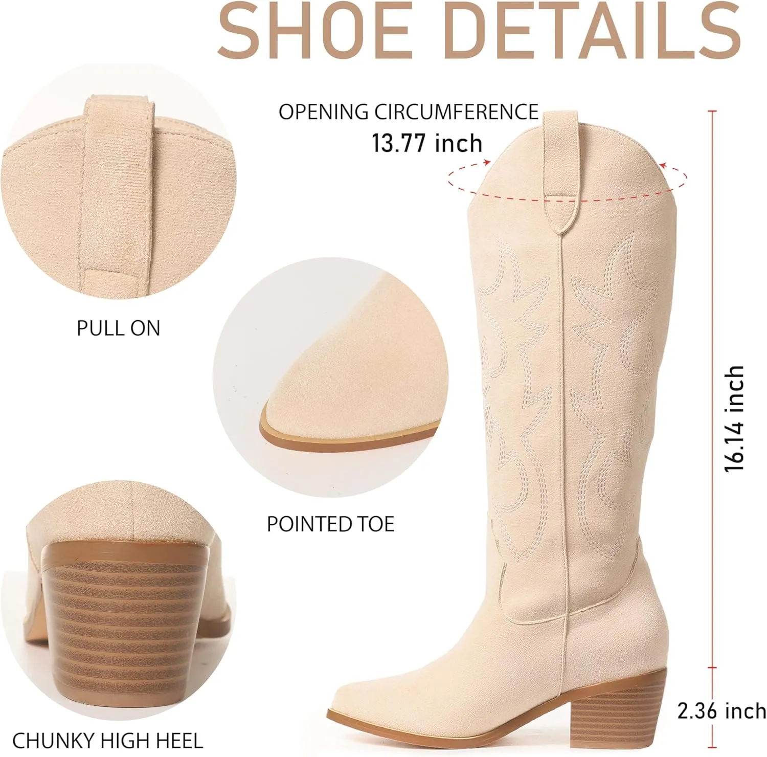 VIMISAOI Cowboy Boots for Women - Knee High, Pointed Toe, Wide Calf Western White Cowgirl Tall Boots