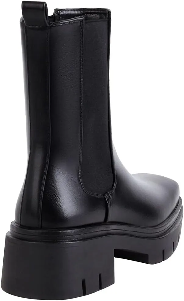 vivianly Women's Chunky Platform Chelsea Boots Mid Calf Boots Square Toe Pull-on Ankle Booties