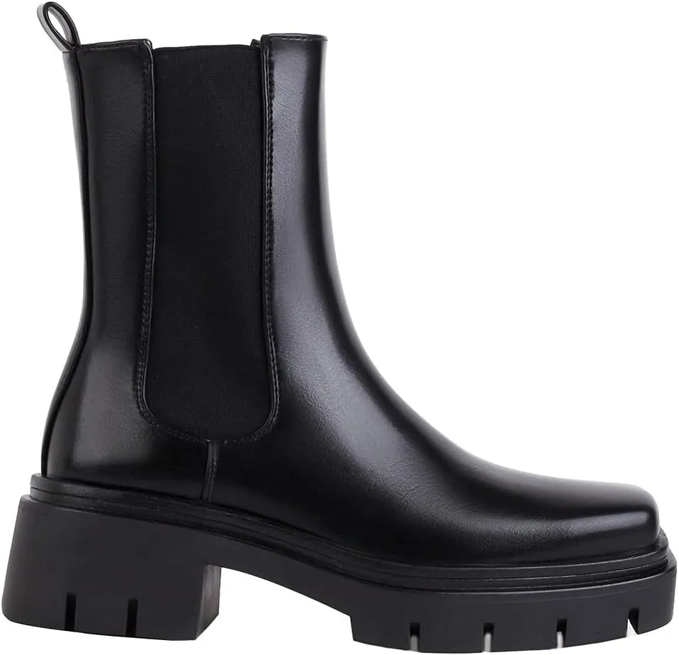 vivianly Women's Chunky Platform Chelsea Boots Mid Calf Boots Square Toe Pull-on Ankle Booties