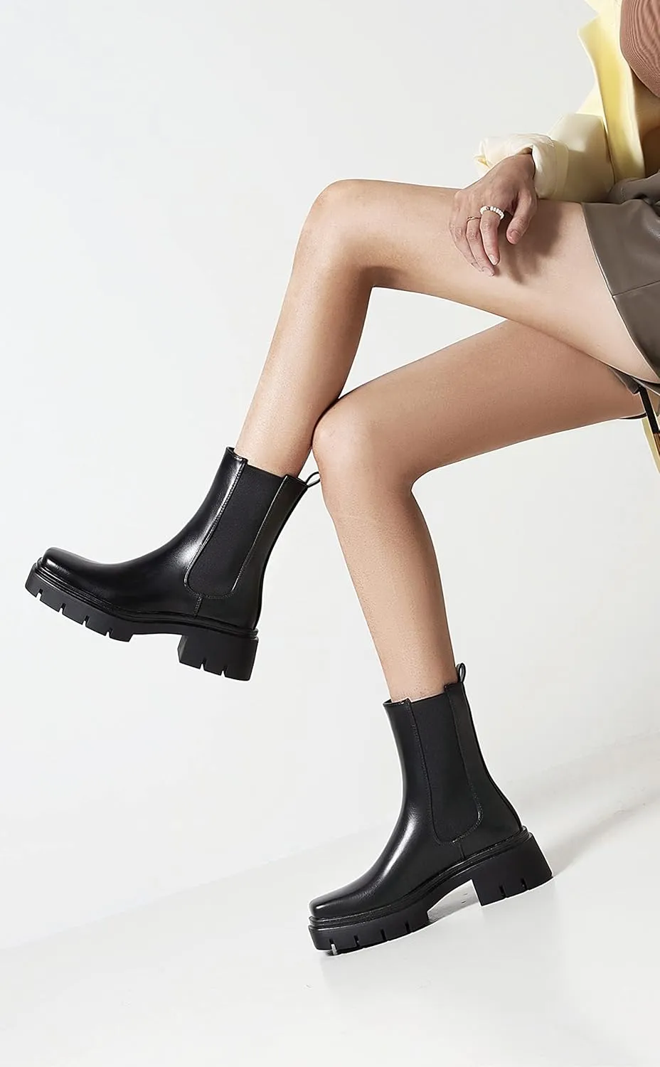 vivianly Women's Chunky Platform Chelsea Boots Mid Calf Boots Square Toe Pull-on Ankle Booties
