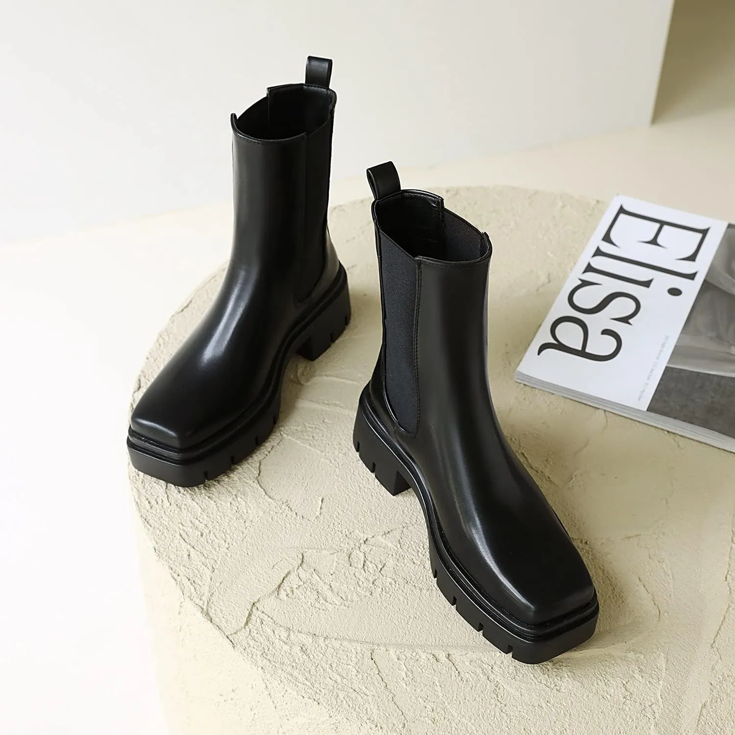 vivianly Women's Chunky Platform Chelsea Boots Mid Calf Boots Square Toe Pull-on Ankle Booties